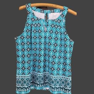 Cleo Aqua and White Geometric Patterned Sleeveless Top M